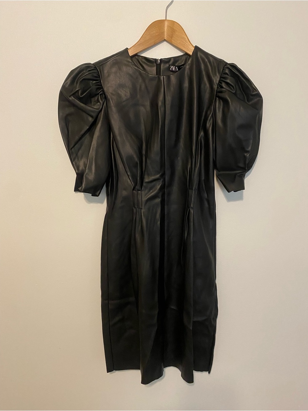 Zara Black Faux Leather Mini Dress with Puff Sleeves